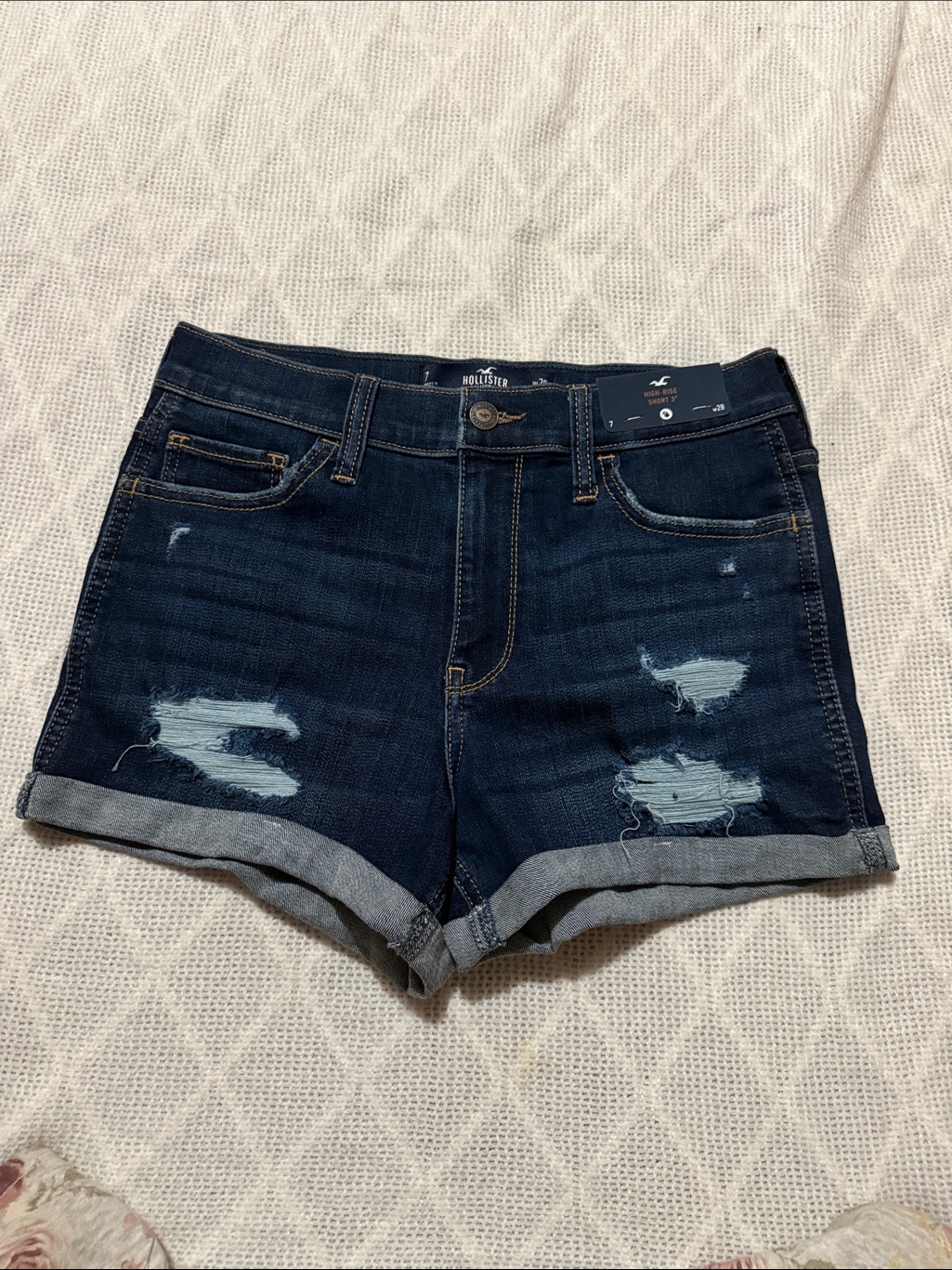 Hollister Dark Indigo Distressed Cuffed Denim Shorts